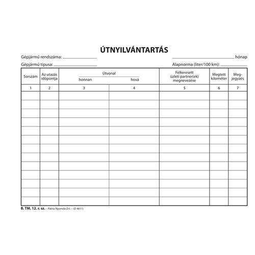 Pátria Útnyilvántartó 50 lapos tömb A5 fekvő B.TM.12