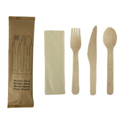 Fa előre csomagolt evőeszközkészlet szalvétával (kés+kanál+villa+szalvéta)