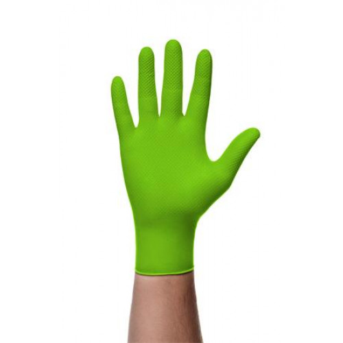 Védőkesztyű egyszer használatos nitril L méret 50db púder nélküli gyémánt textúrált megerősített zöld