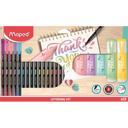 Maped Kalligrafikus készlet 22 darabos Lettering Set 6 szövegkiemelő + 16 tűfilc különböző színekben