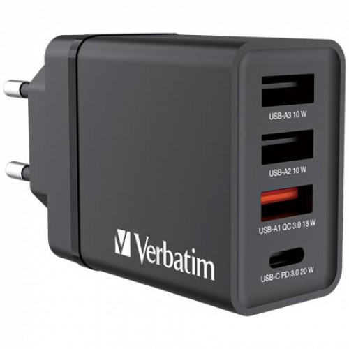 Verbatim Hálózati töltő 1xUSB-C PD (20W) USB-A QC 3.0 2xUSB-A (10W) fekete