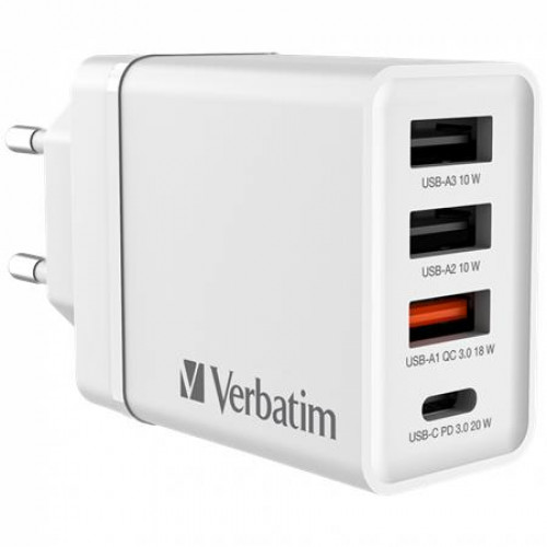 Verbatim Hálózati töltő 1xUSB-C PD (20W) USB-A QC 3.0 2xUSB-A (10W) fehér