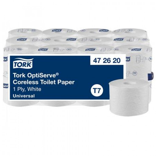 Tork Toalettpapír belsőmag nélküli T7 rendszer 1 rétegű 13,1cm átmérő Universal OptiServe fehér (472620)