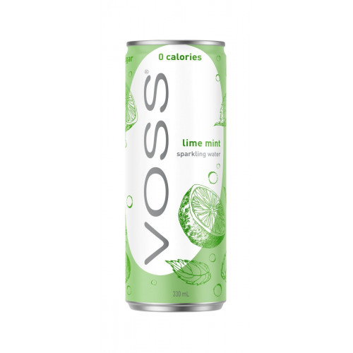 VOSS Ízesített ásványvíz szénsavas 0,33l fémdobozos lime-menta DRS