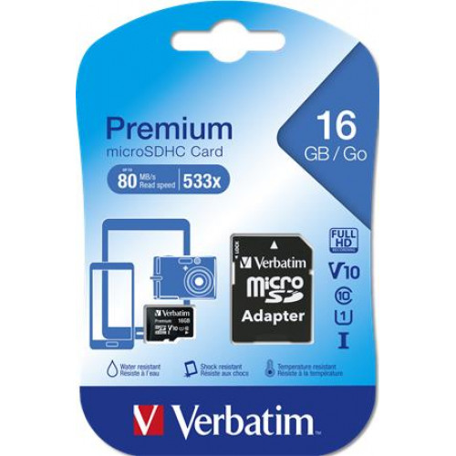 Verbatim Memóriakártya Micro SDHC 16GB Class 10 adaterrel Premium