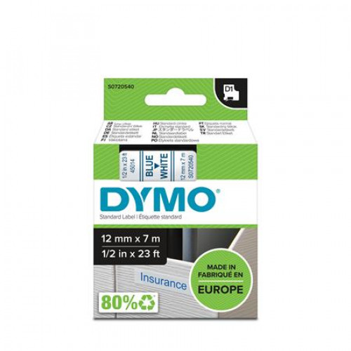 Dymo Feliratozógép szalag 12mmx 7m D1 fehér-kék