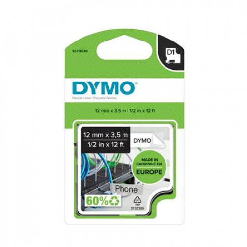 Dymo Feliratozógép szalag flexibilis 12mmx 3,5m D1 fehér-fekete