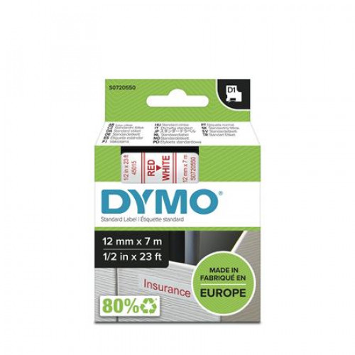 Dymo Feliratozógép szalag 12mmx7m D1 fehér-piros