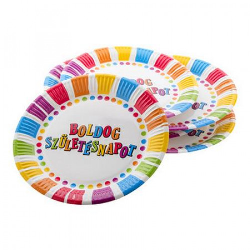 Tányér papír 23cm Boldog születésnapot csíkos-pöttyös