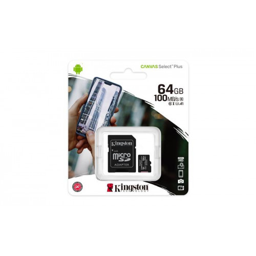 Kingston Memóriakártya microSDXC 64GB CL10/UHS-I/U1/V10/A1 adapter Canvas Select Plus