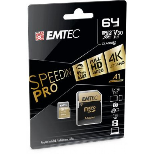 Emtec Memóriakártya microSDXC 64GB UHS-I/U3/V30/A2 100/95 MB/s adapter SpeedIN